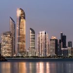 June 23, 2018: Abu Dhabi Seascape with skyscrapers in the background at evening, UAE