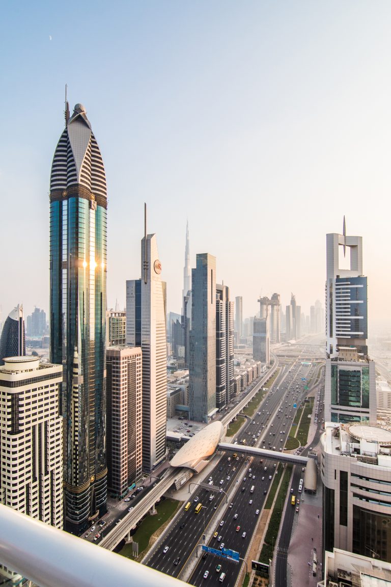 Dubai skyline in sunset time, United Arab Emirates